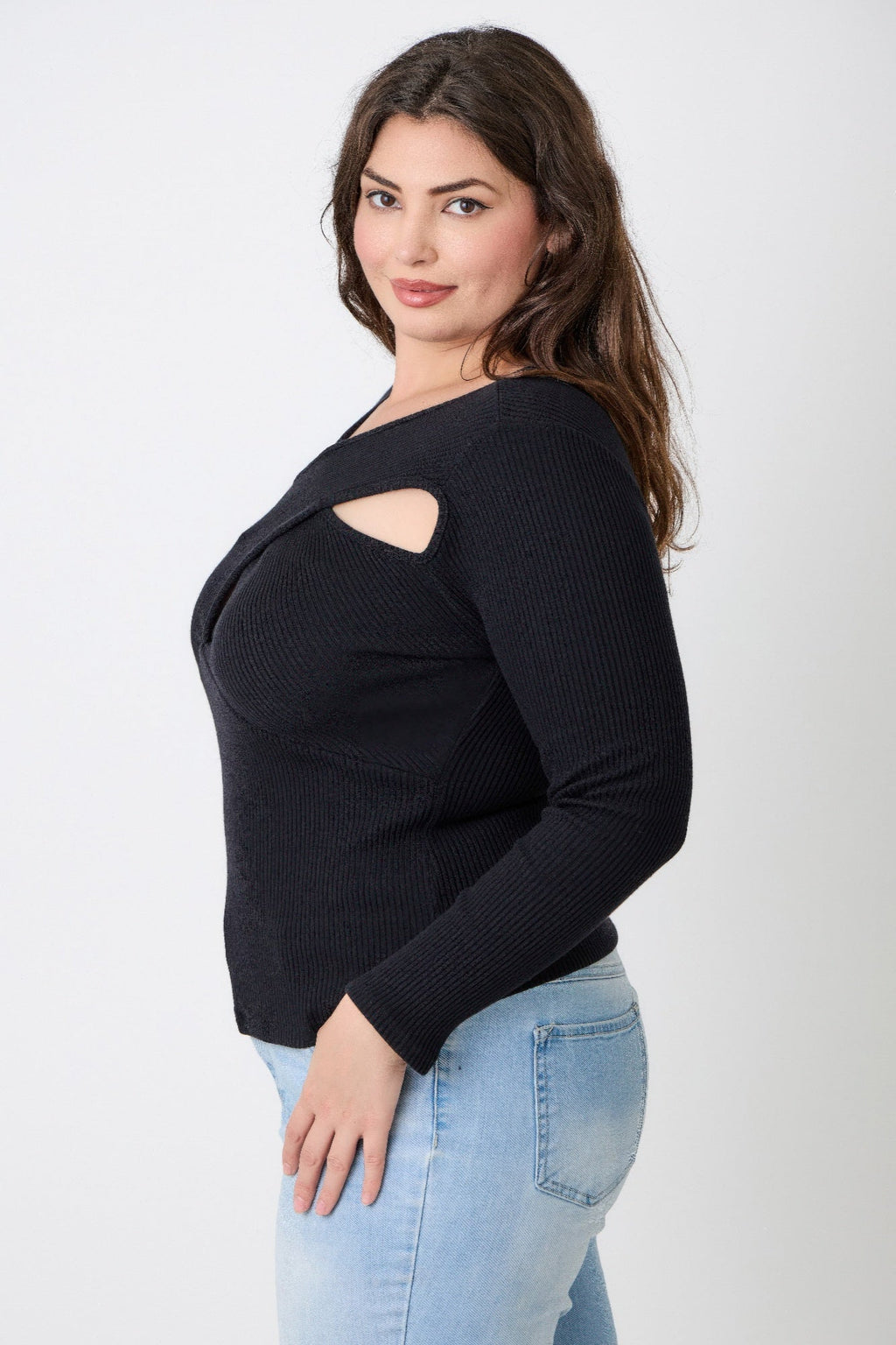Plus Size Black Ribbed Cutout Long Sleeve Top
