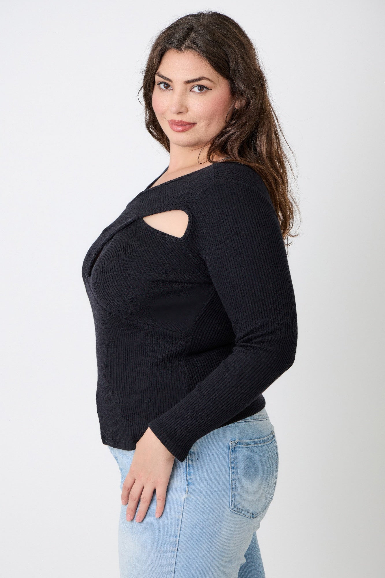 Plus Size Black Ribbed Cutout Long Sleeve Top