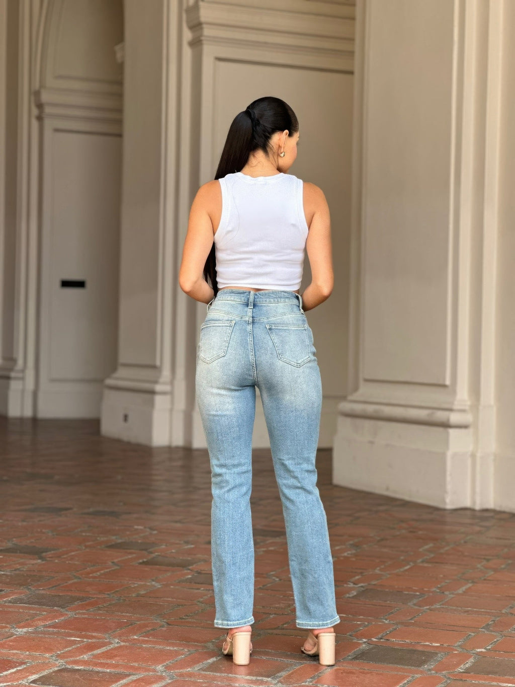 High Rise Cigarette Button Fly Straight Denim Jean