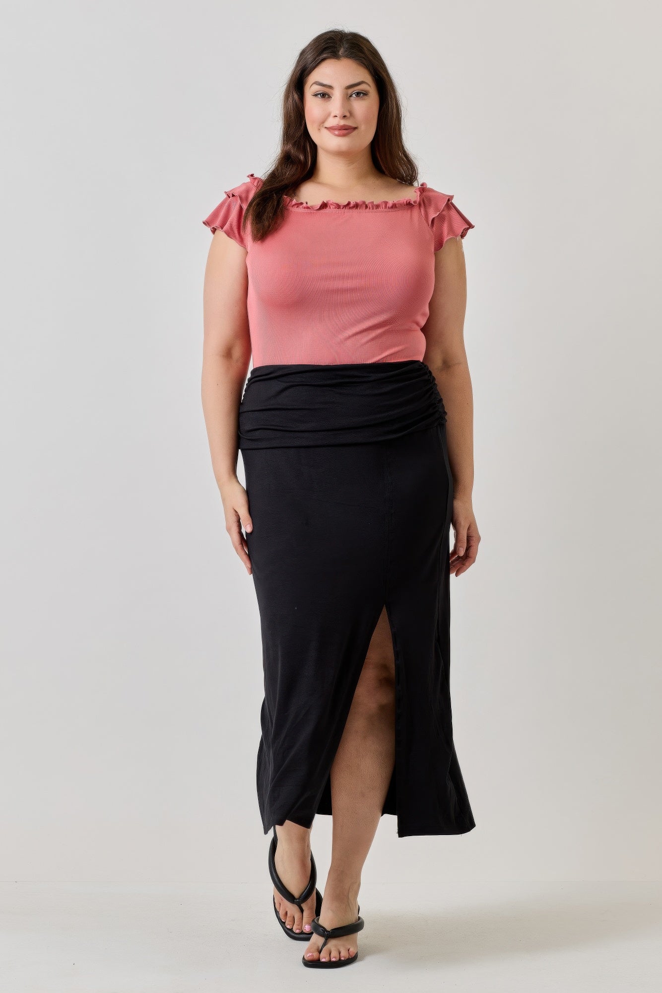 Plus Size Knit Rib Double Ruffle Top