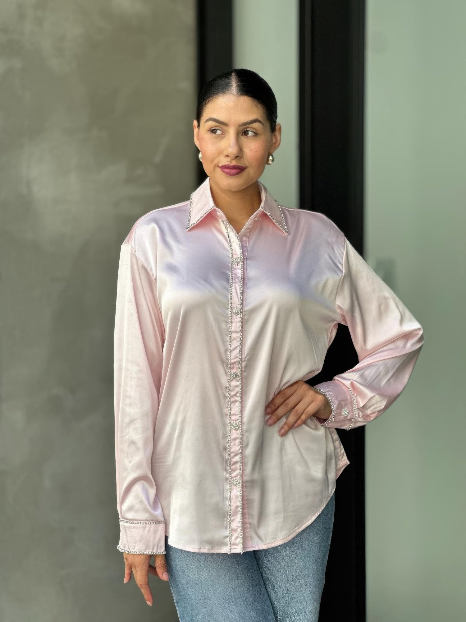 Rhinestone Diamond Lined Button Down Satin Blouse