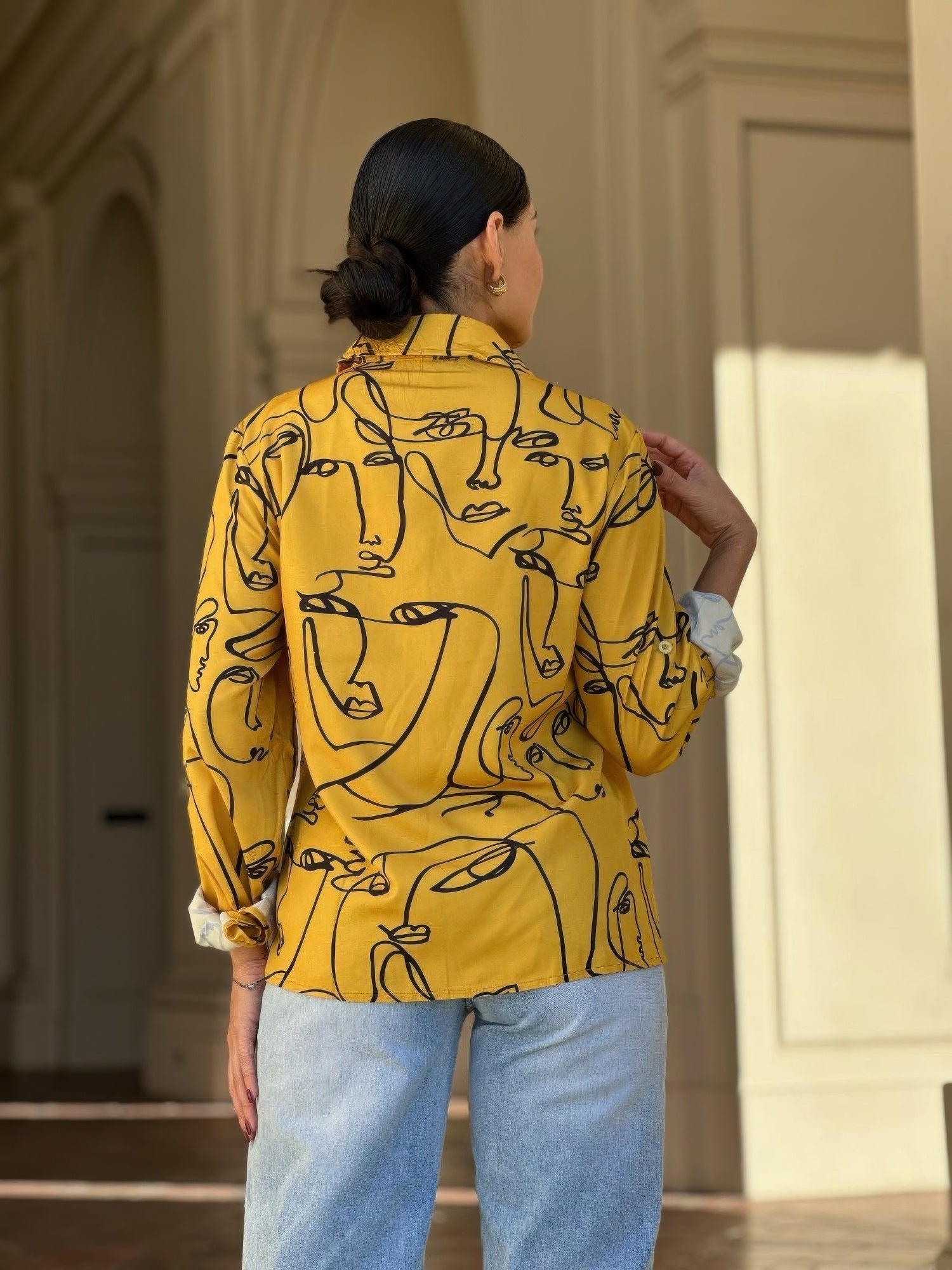 Face Print Long Sleeve Button Down Blouse