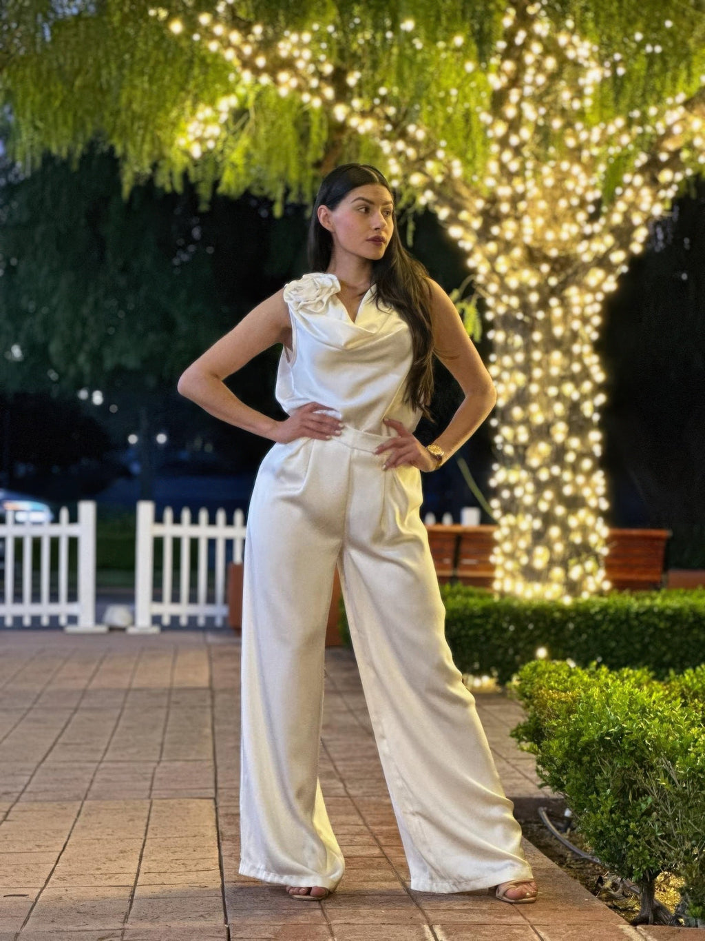 Satin Wide Leg Pants & Flower Sleeveless Top Set