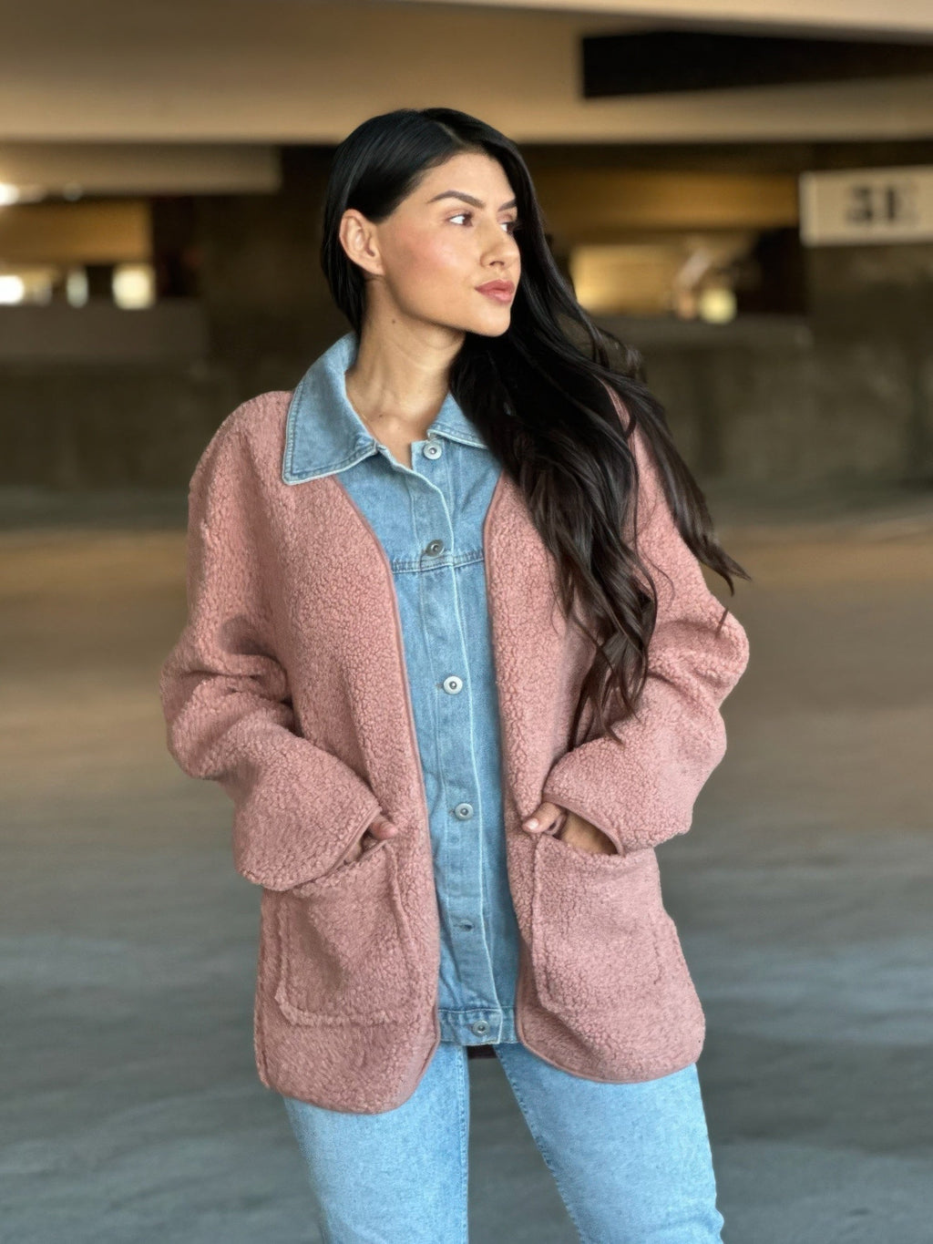 Teddy Fleece & Denim Jacket With Square Pockets