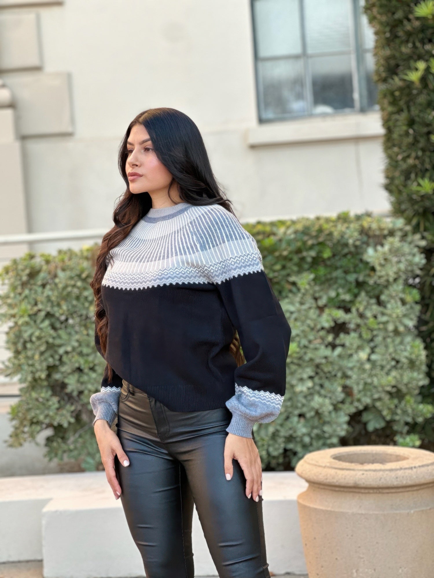 Neutral Color Block Knit Pull Out Sweater