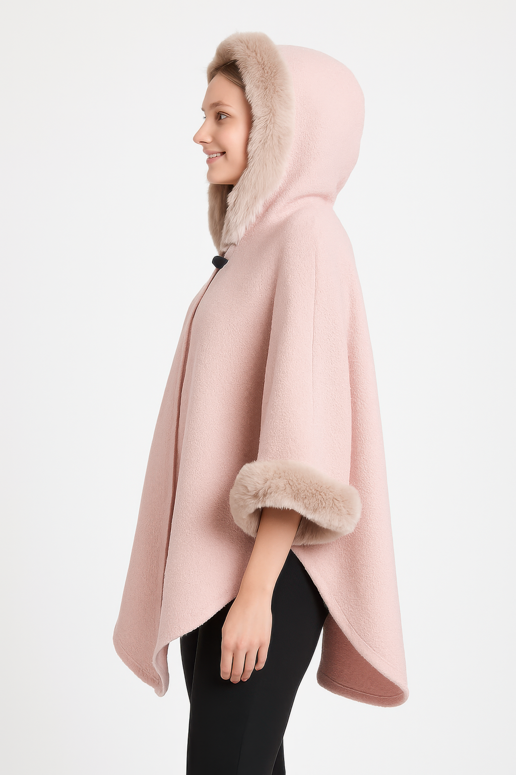 Hooded Faux Fur Trim Cape