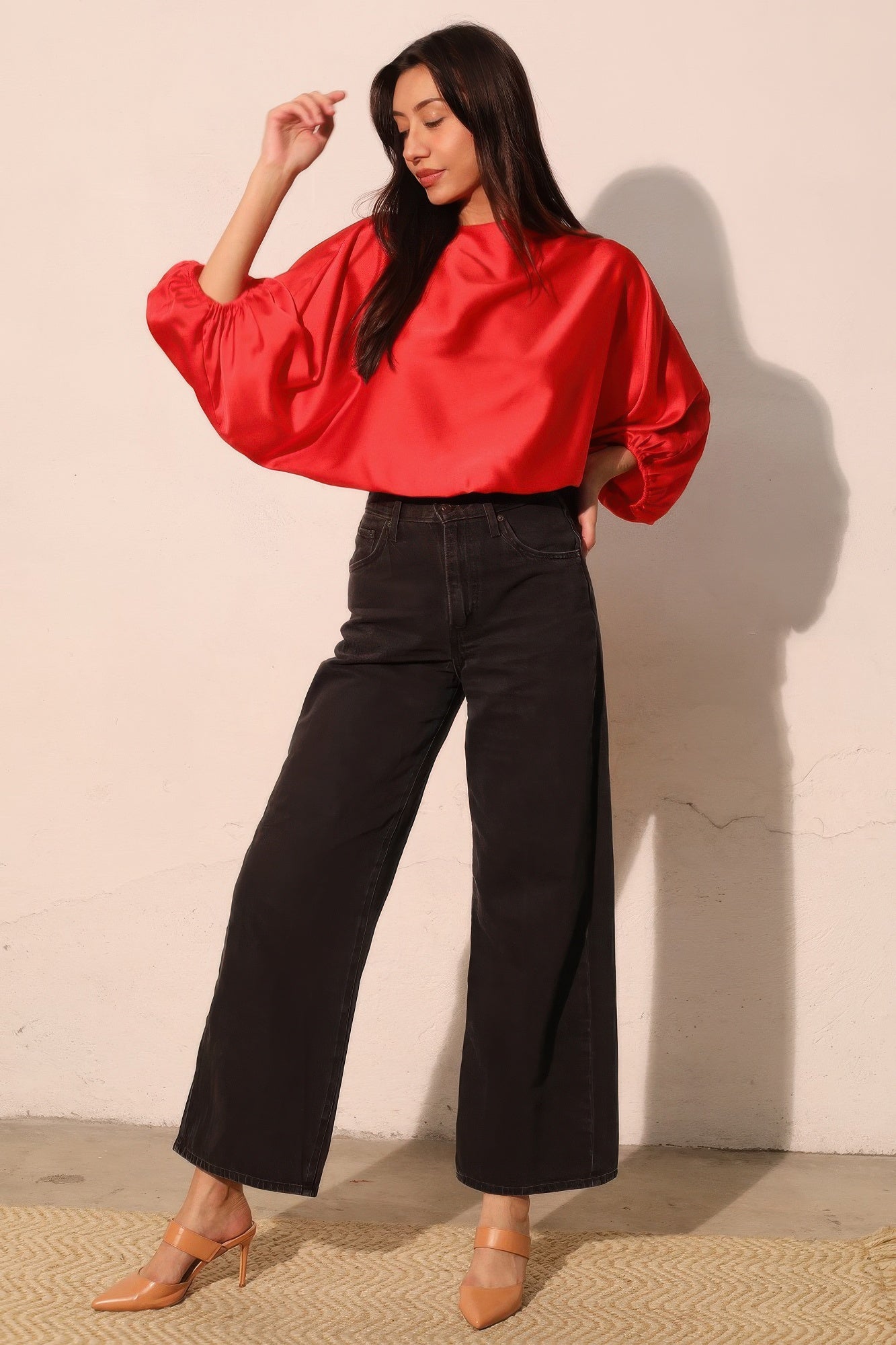 Silky Satin Boat Neck Blouson Top