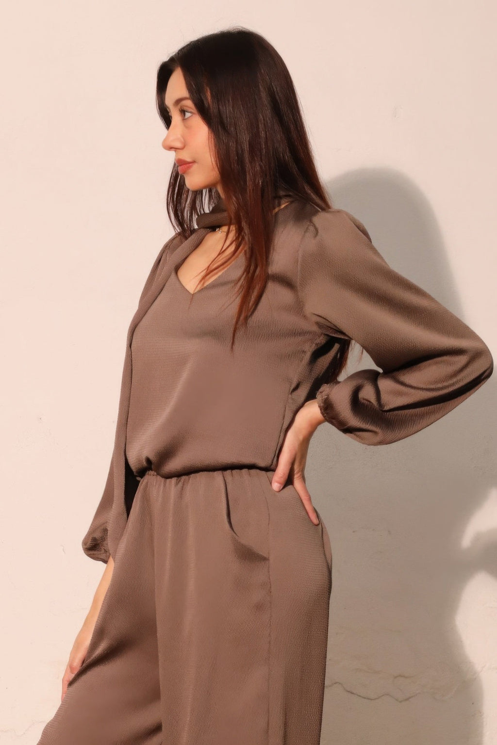 Hammered Satin Tie Neck Bubble Top