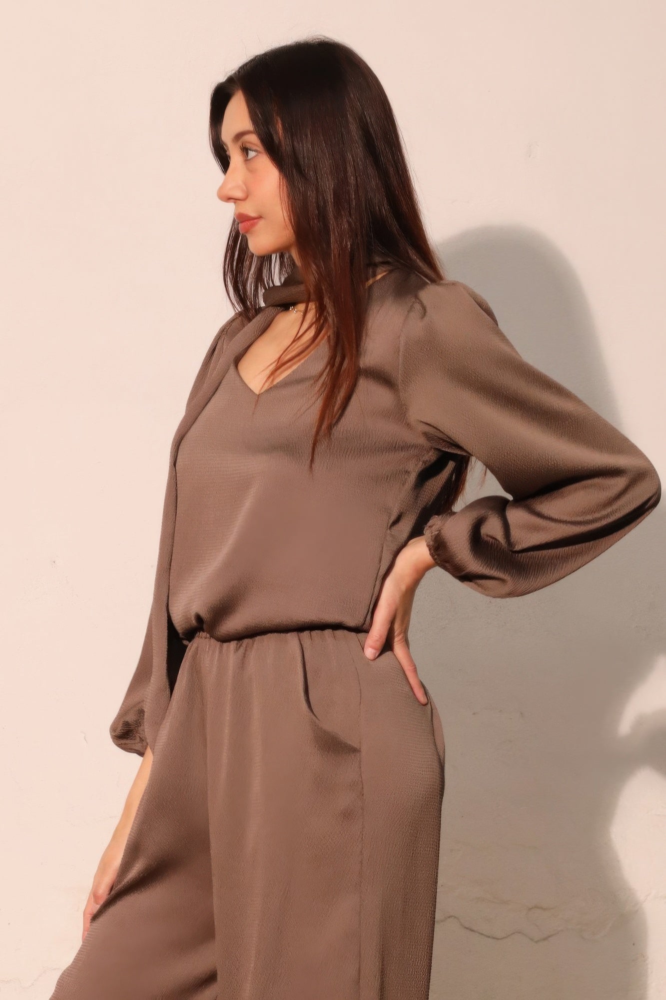 Hammered Satin Tie Neck Bubble Top