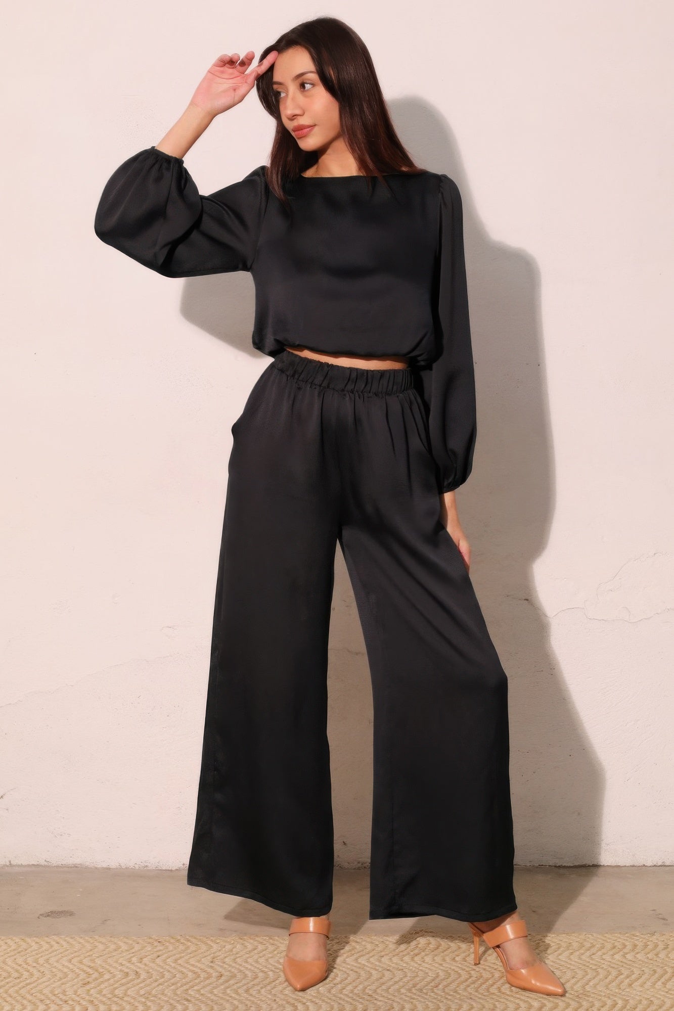 Hammered Satin Long Sleeve Crop Top