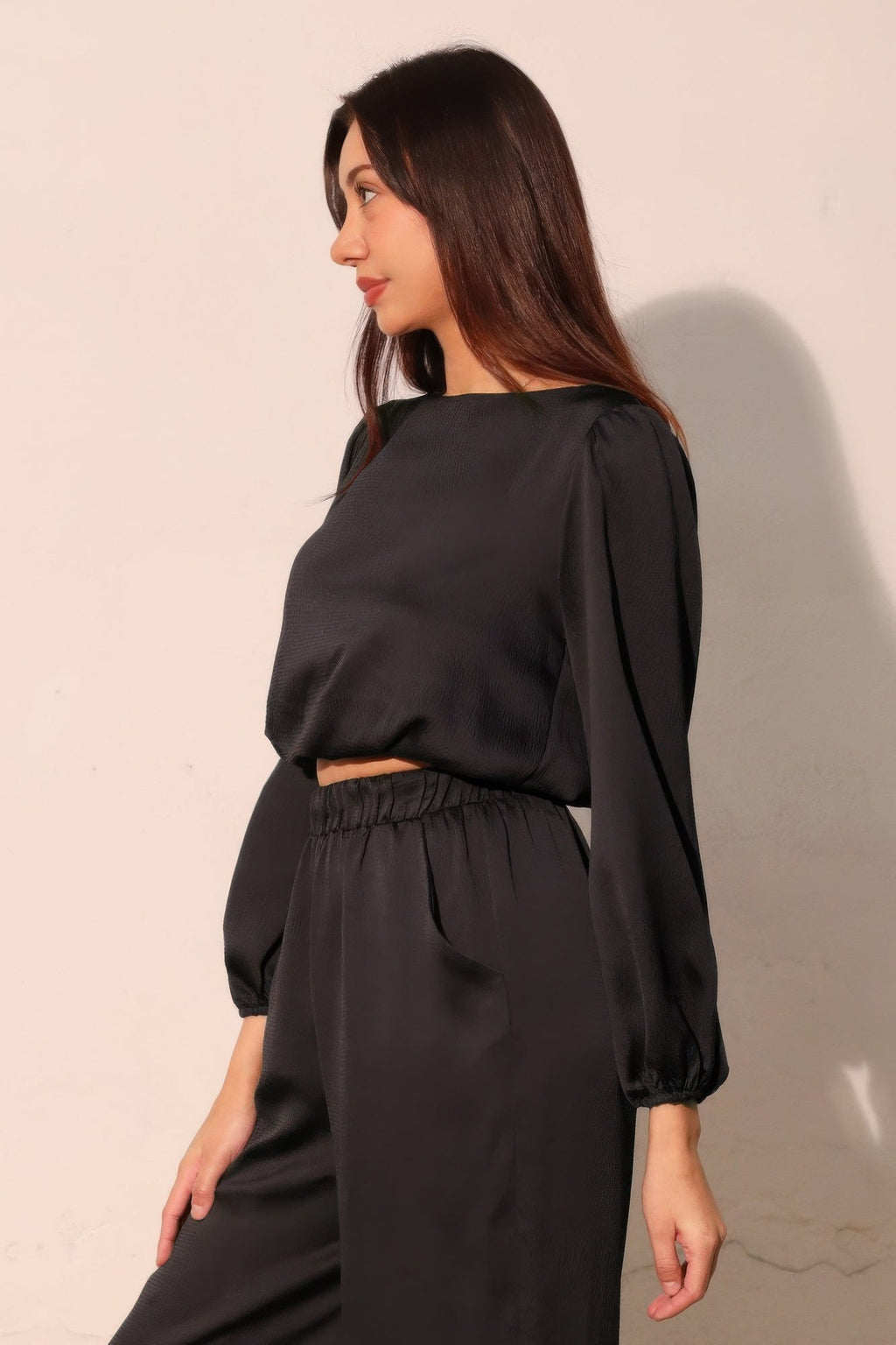 Hammered Satin Long Sleeve Crop Top