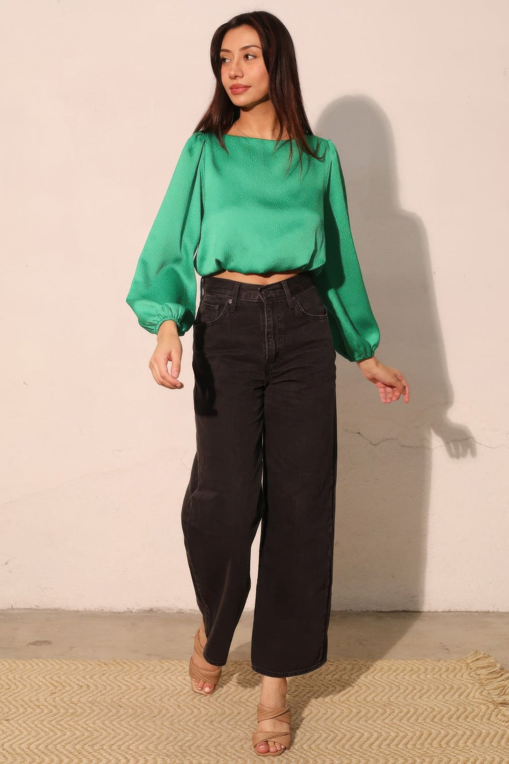 Hammered Satin Long Sleeve Crop Top