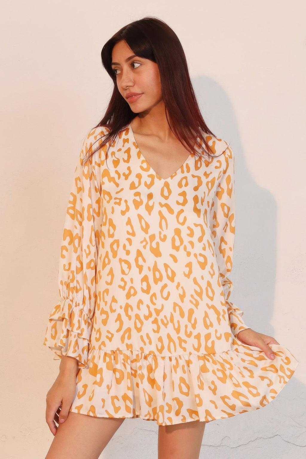 Simple Leopard Dress With Ruffle Cuff