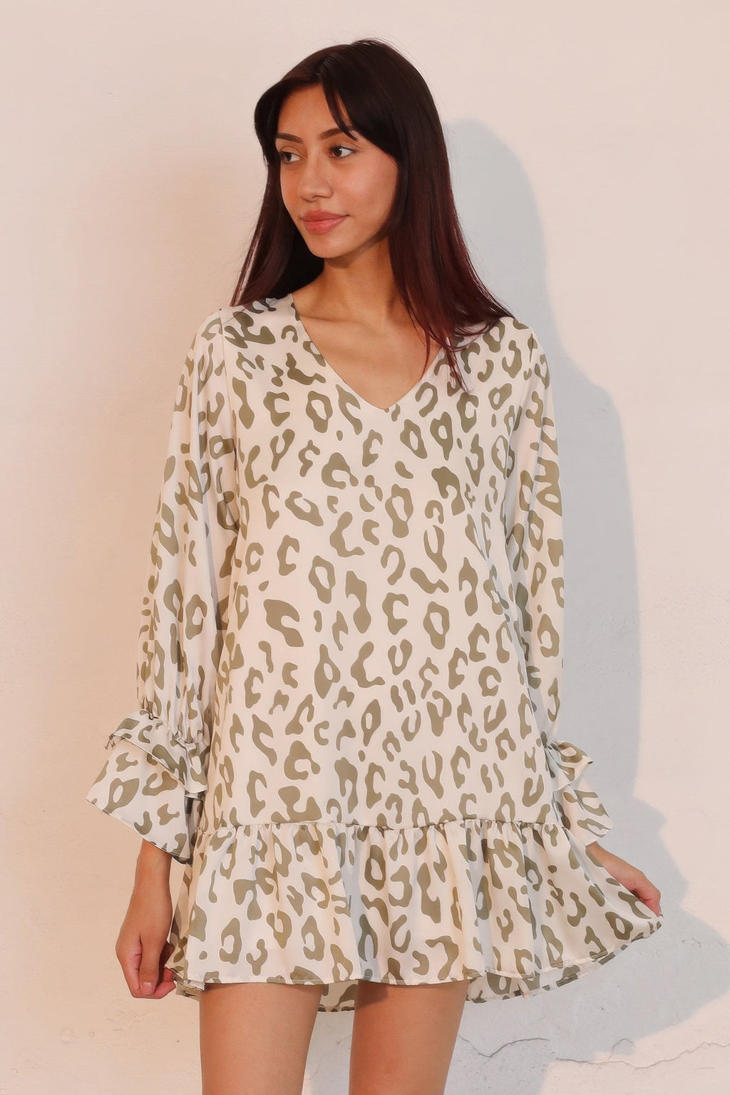 Simple Leopard Dress With Ruffle Cuff