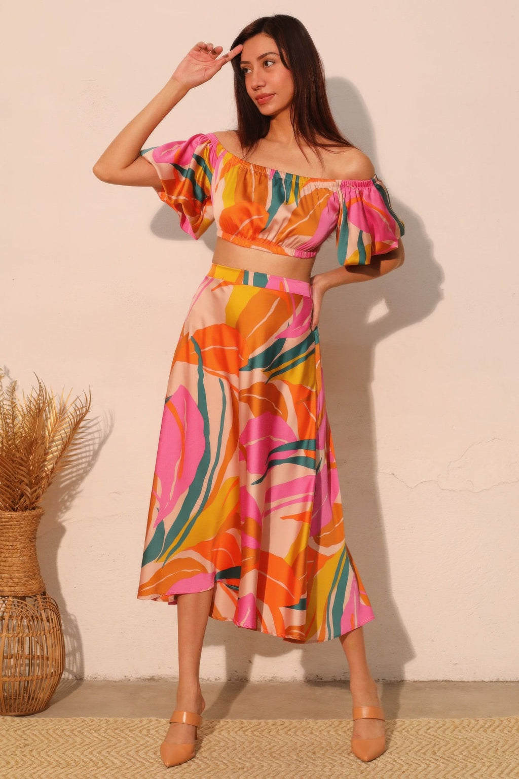 Isla Tropical Satin Bubble Sleeve Crop Top