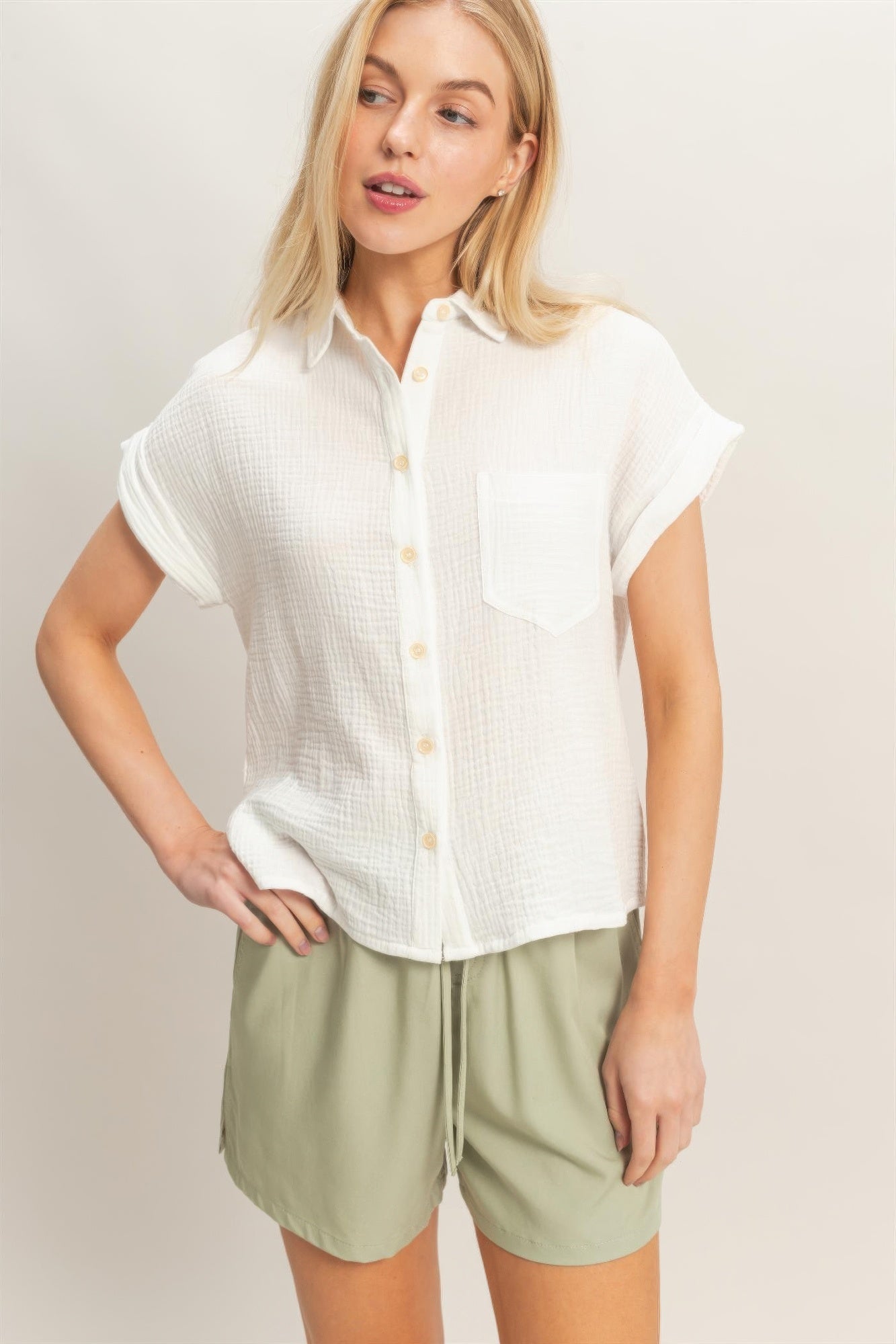 Rolled Sleeve Button-up Top
