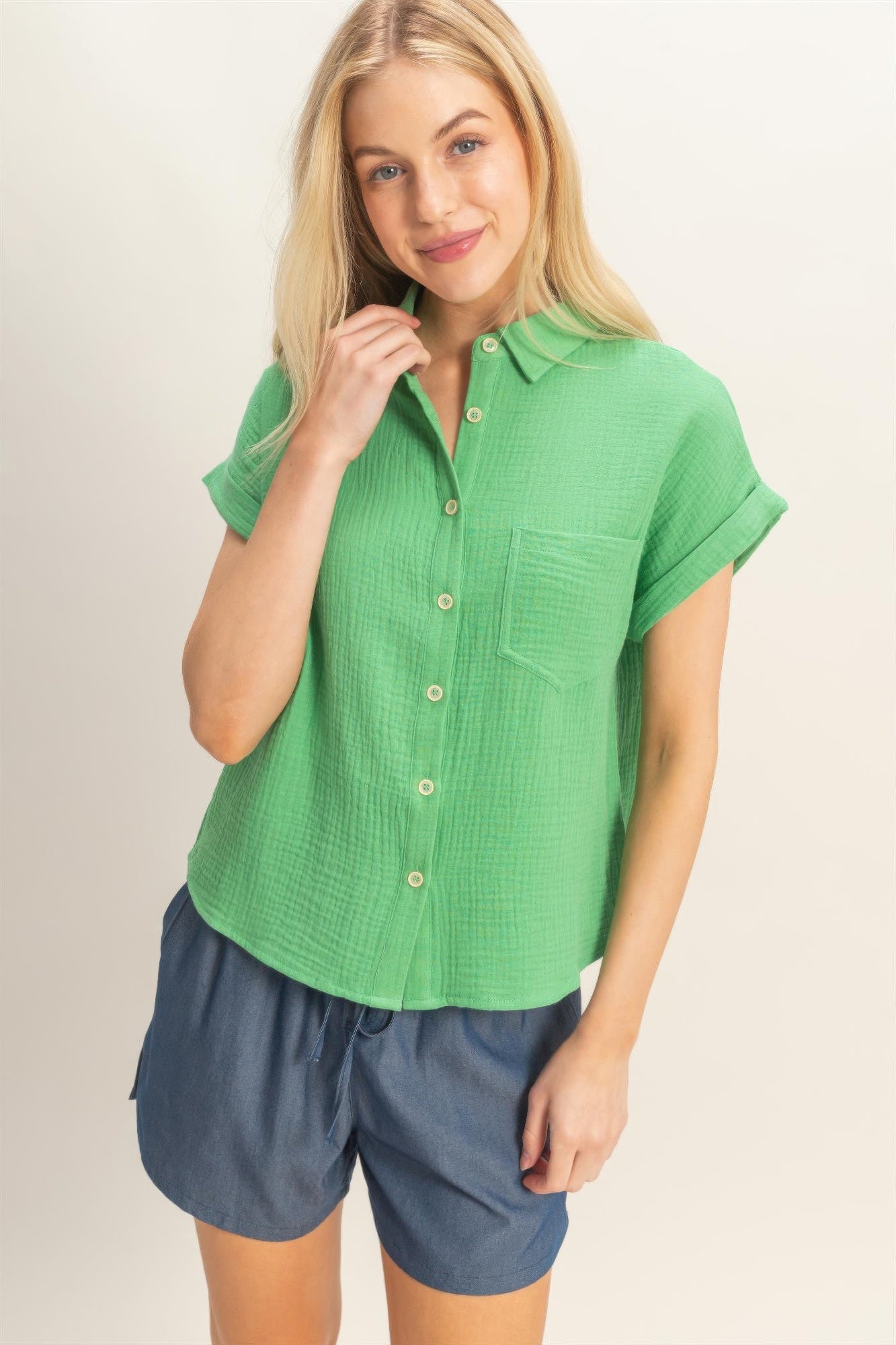 Rolled Sleeve Button-up Top