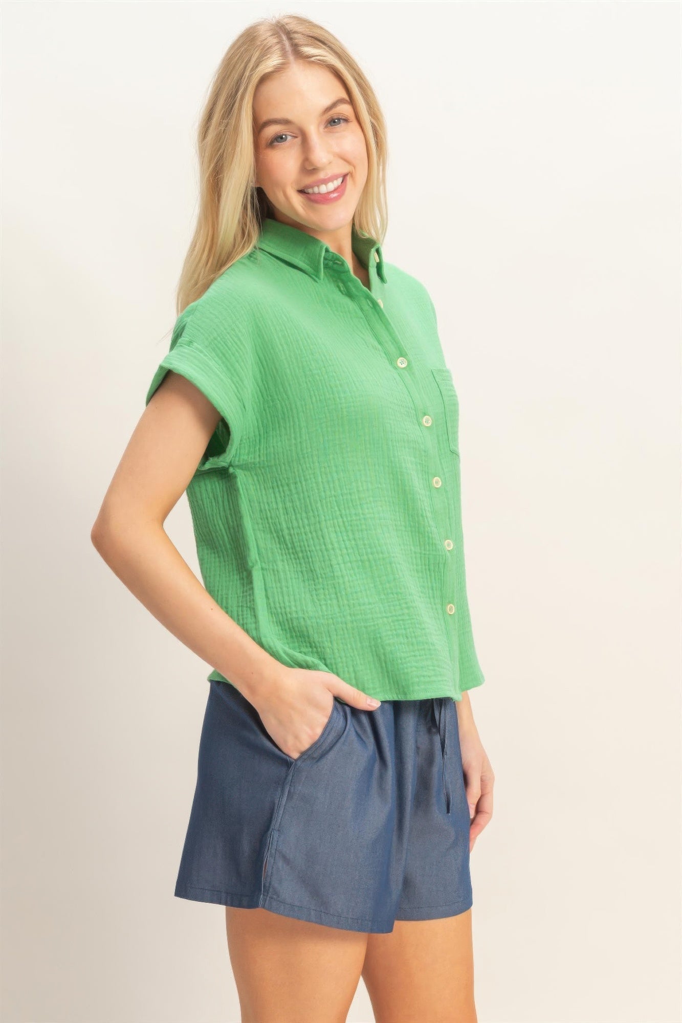 Rolled Sleeve Button-up Top