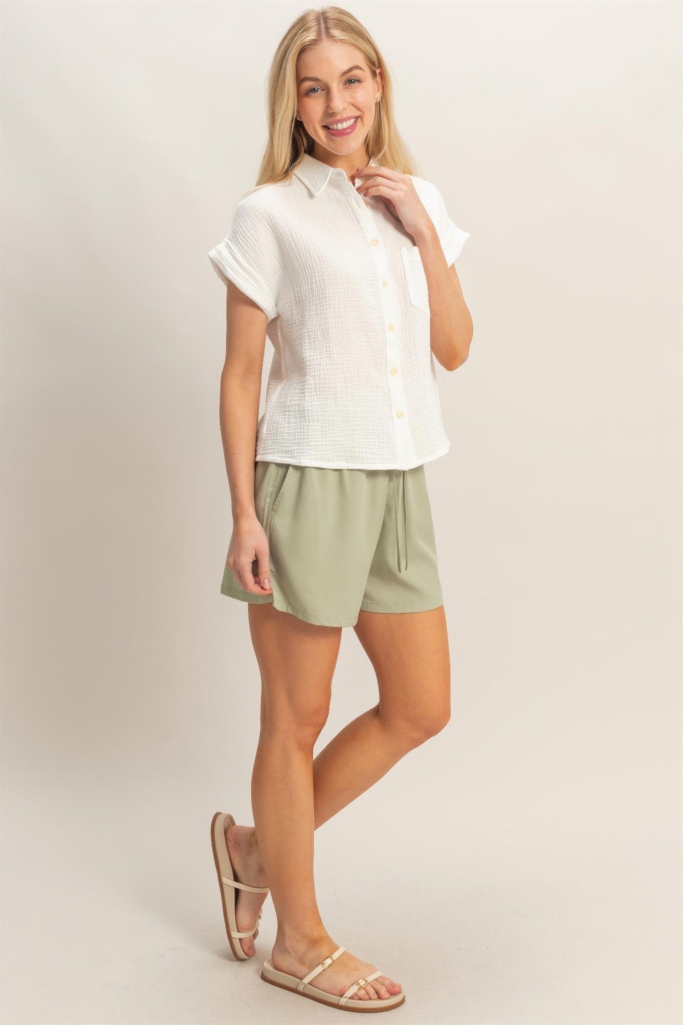 Rolled Sleeve Button-up Top