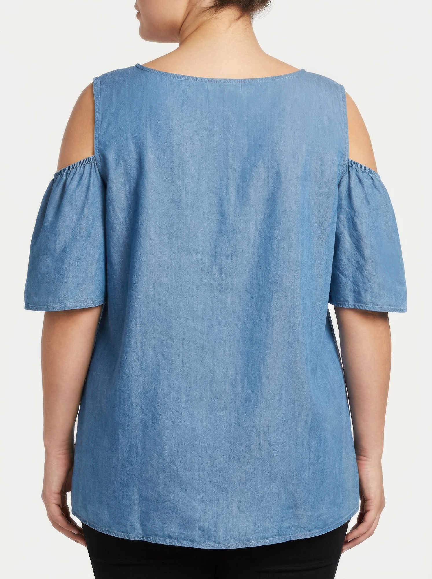 Lace Yoke Cold-shoulder Chambray Blouse