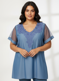 Embroidered V-neck Mesh Sleeve Knit Top