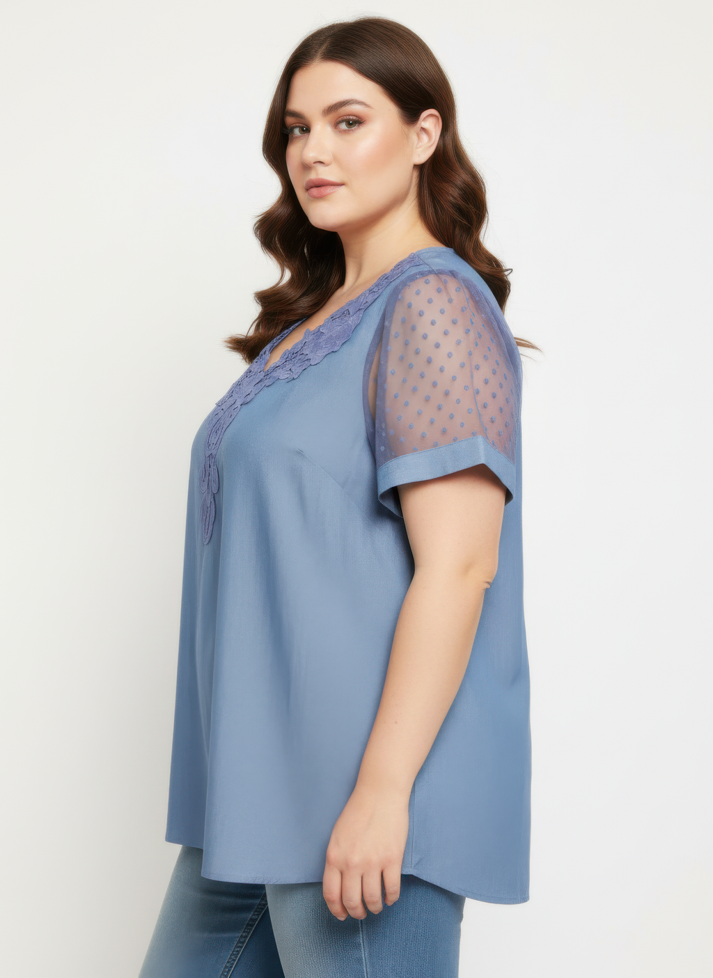 Embroidered V-neck Mesh Sleeve Knit Top