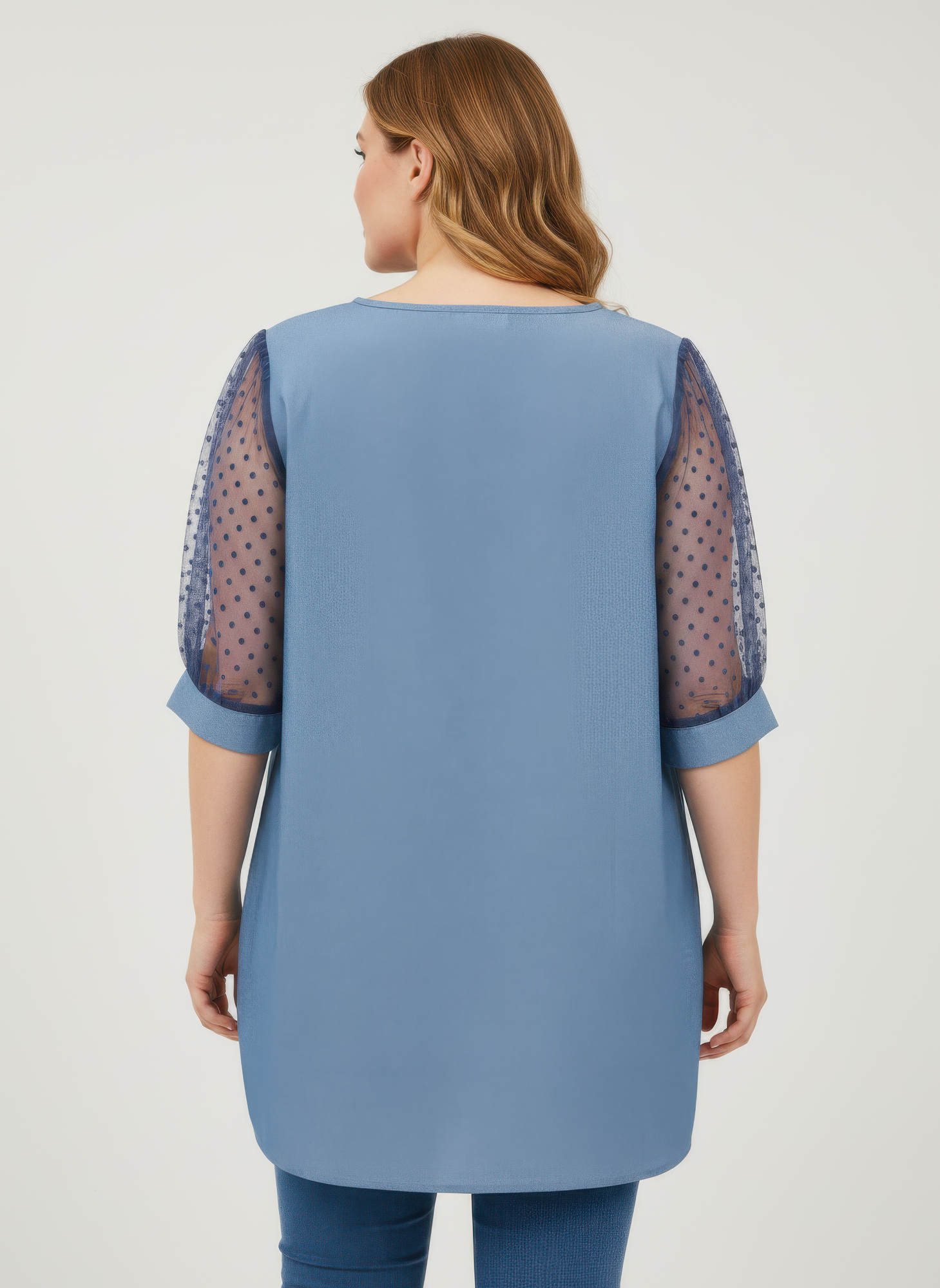 Embroidered V-neck Mesh Sleeve Knit Top