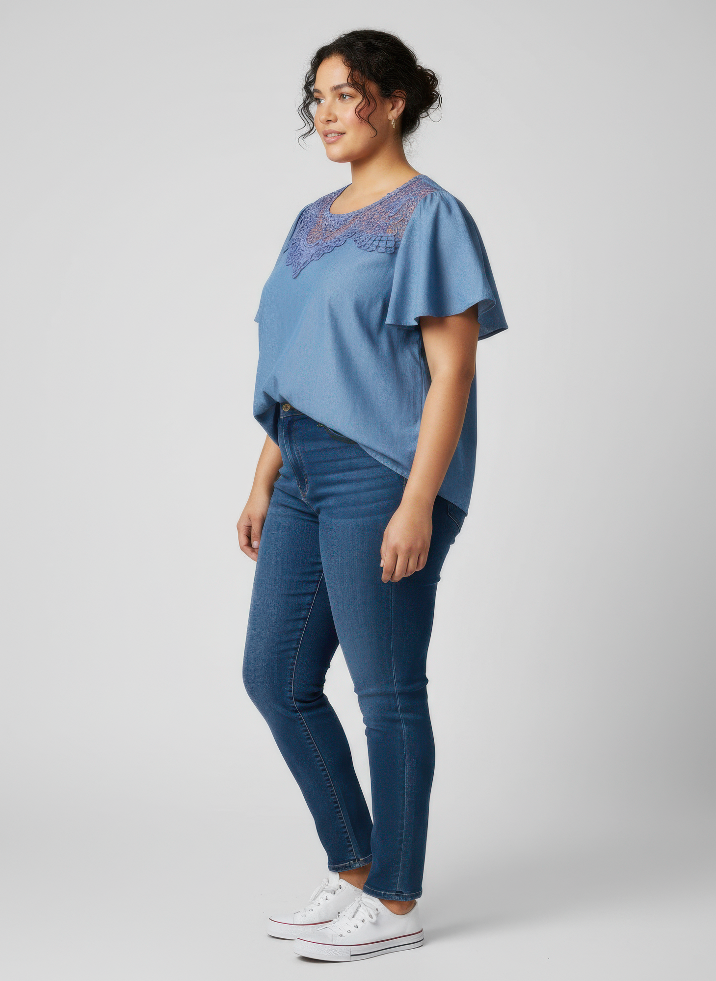 Lace Yoke Flutter Sleeve Knit Top