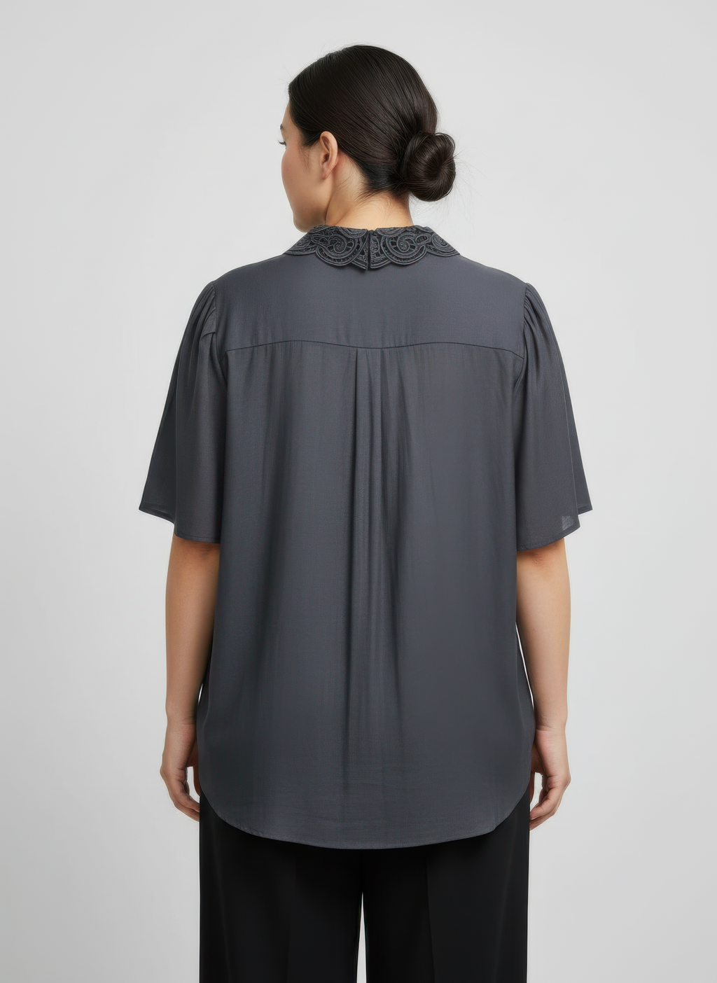 Lace Collar Button Detail Flutter Sleeve Top