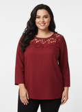Lace Yoke Three-quarter Sleeve Knit Top