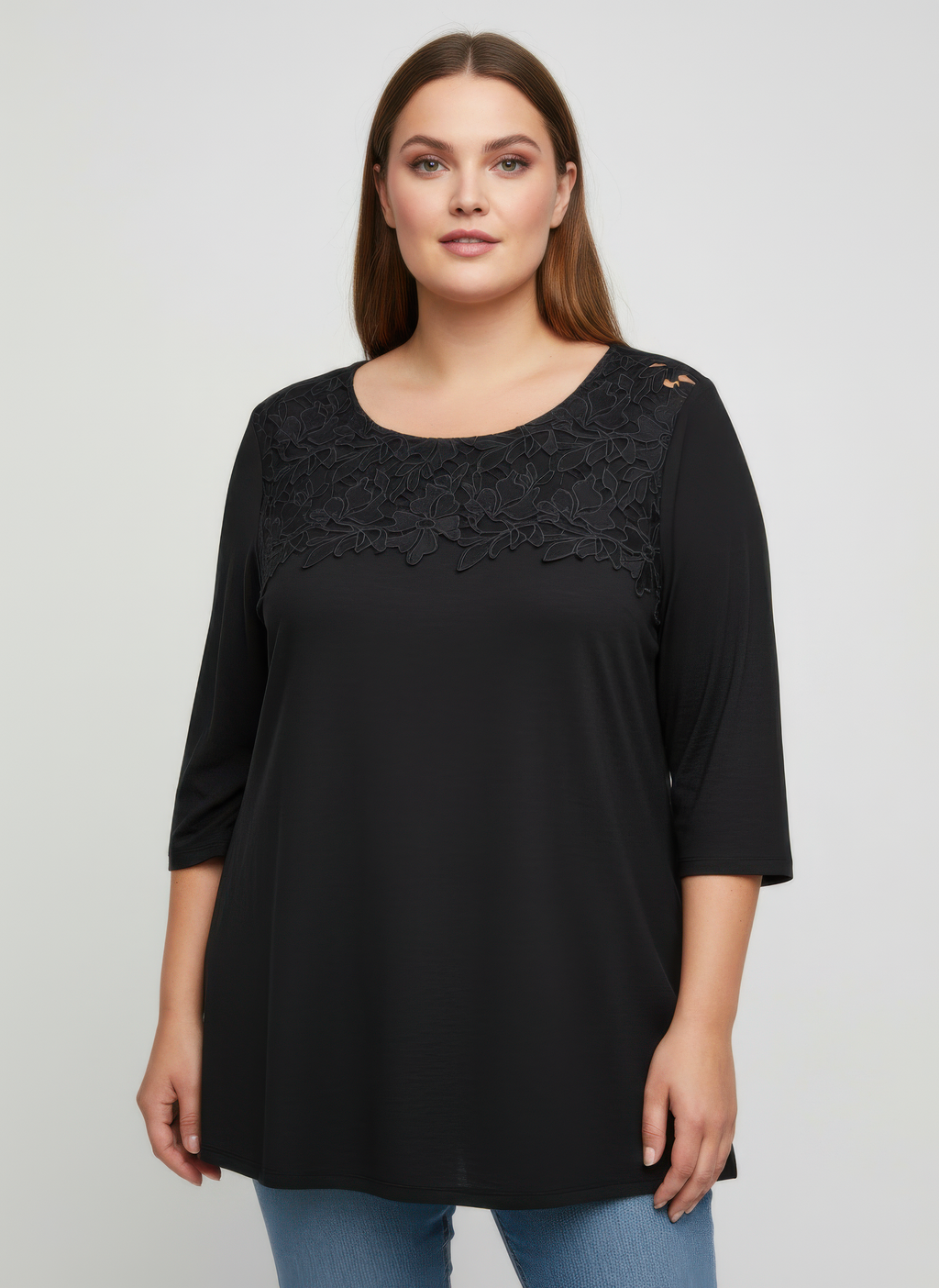 Lace Yoke Three-quarter Sleeve Knit Top