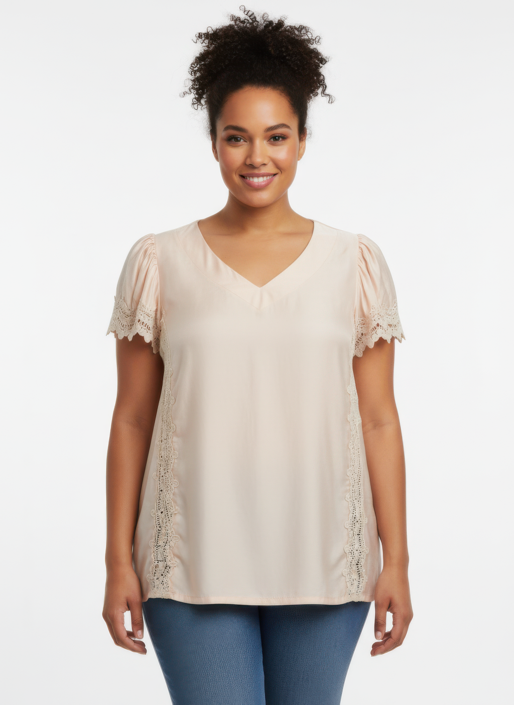 Lace Trim V-neck Short Sleeve Knit Top