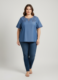 Embroidered Lace Trim Short Sleeve Knit Top