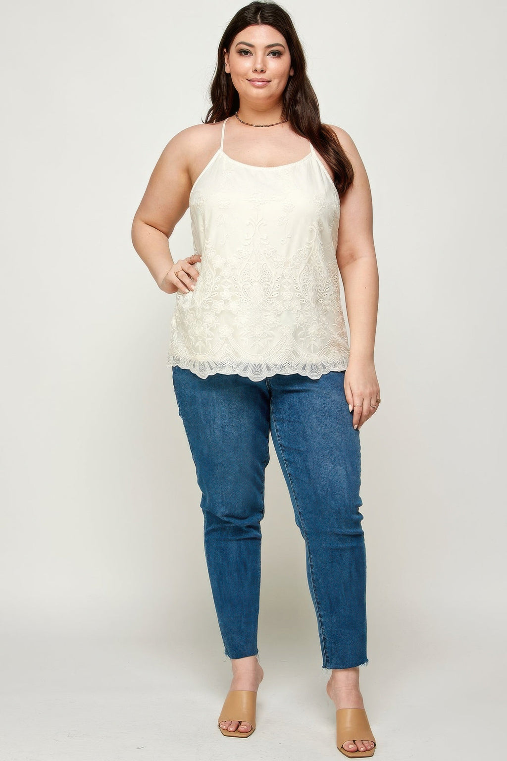 Plus Size Embroidered Mesh T-back Cami