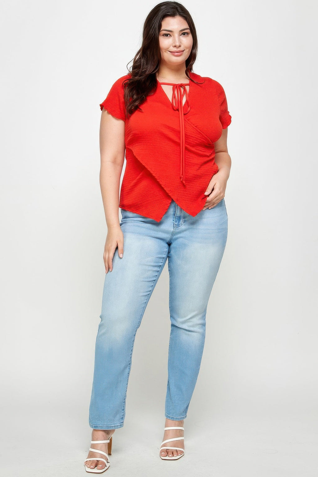 Plus Size Textured Wrap Top With Tie Neck