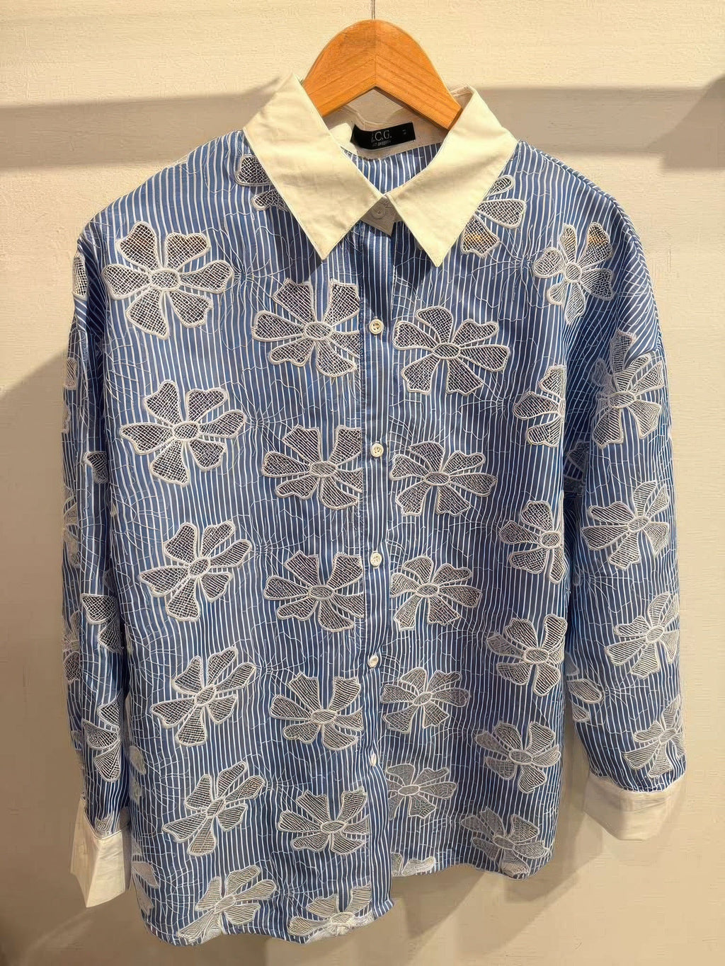 Striped Shirt Botanical Cut Out Stitching Sequin Detail