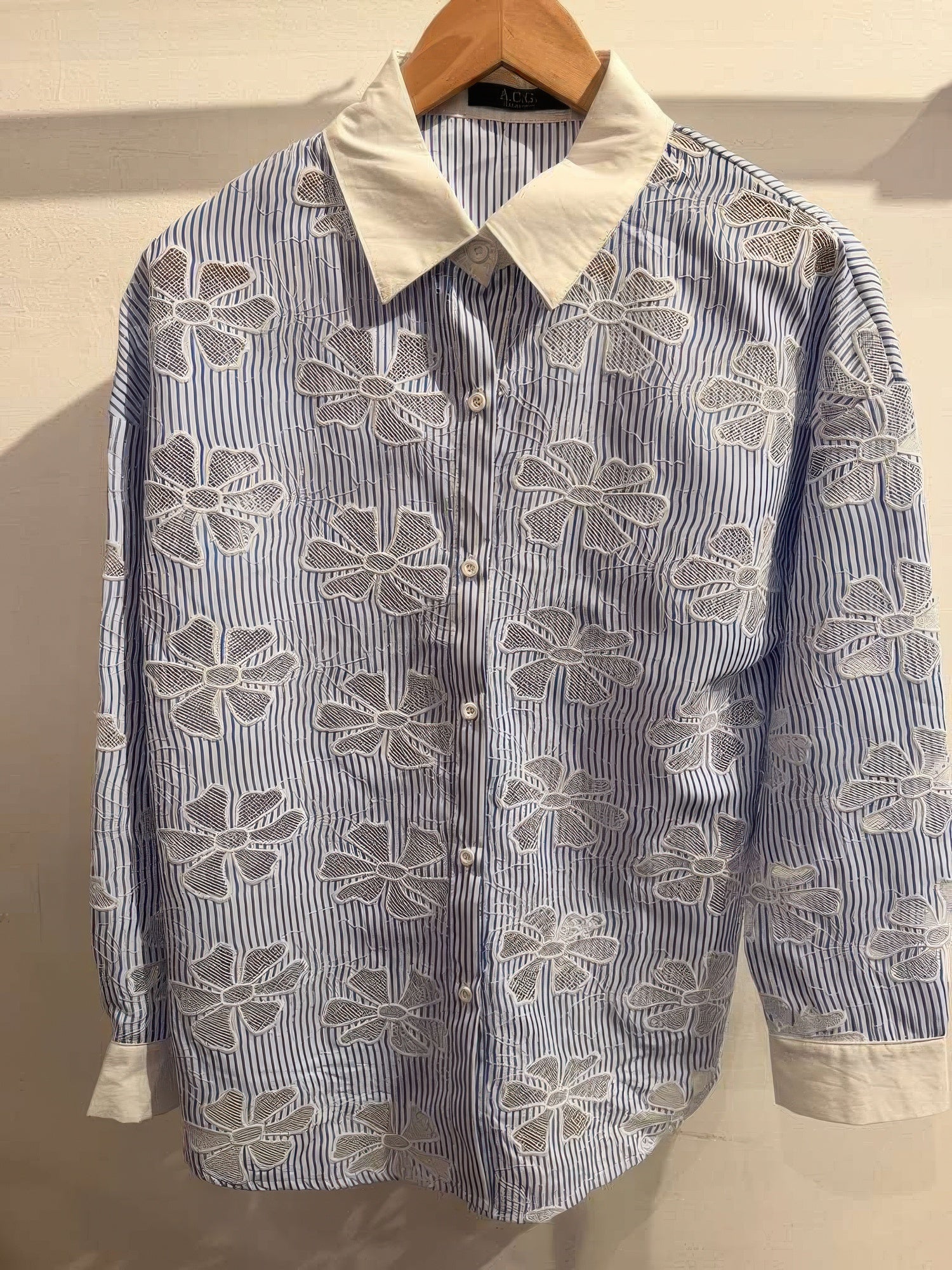 Striped Shirt Botanical Cut Out Stitching Sequin Detail