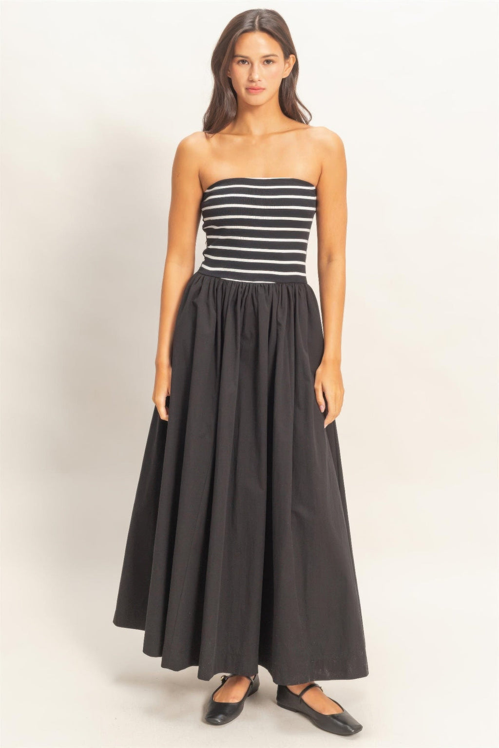 Striped Strapless Flowy Midi Dress