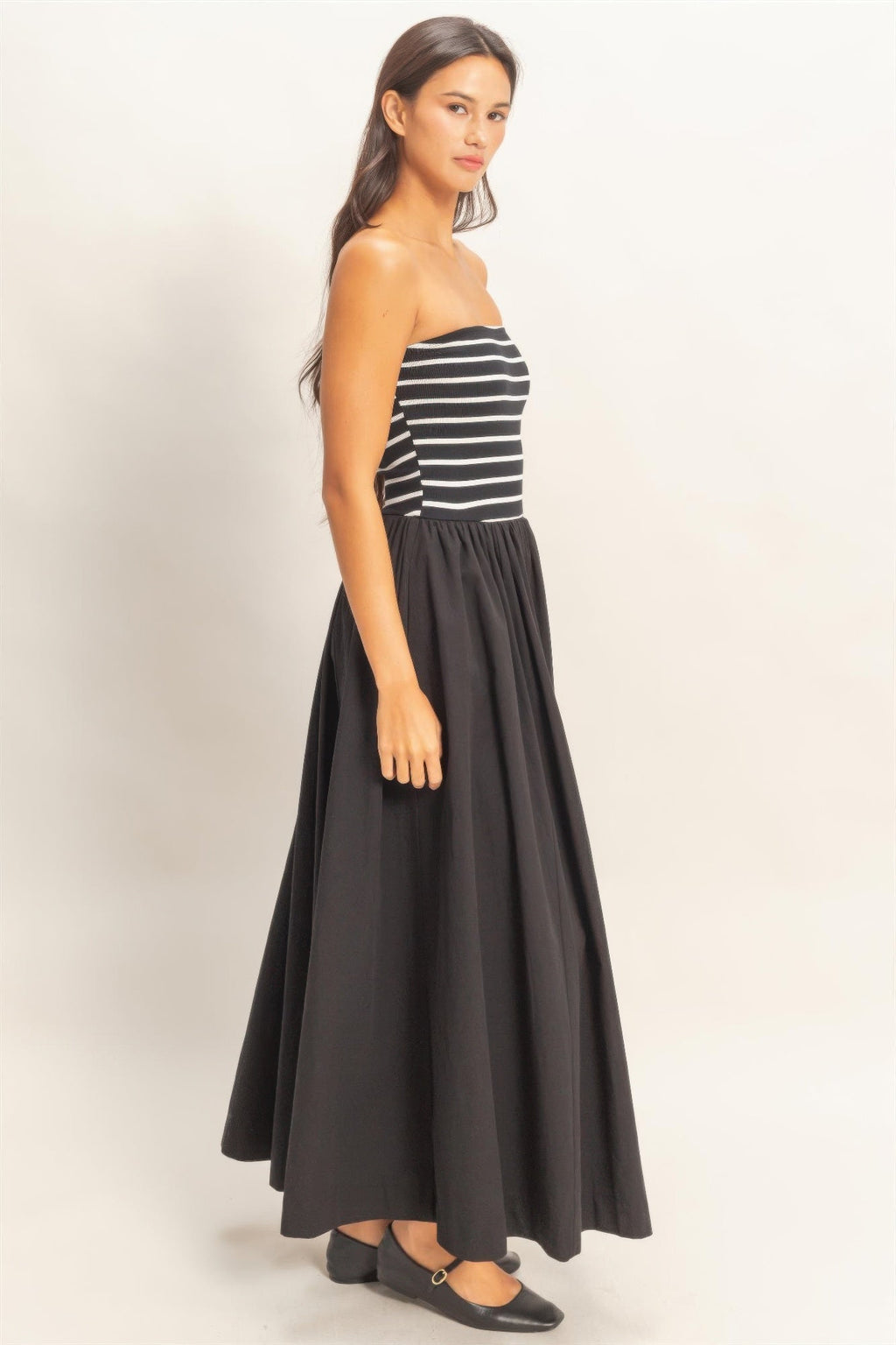 Striped Strapless Flowy Midi Dress