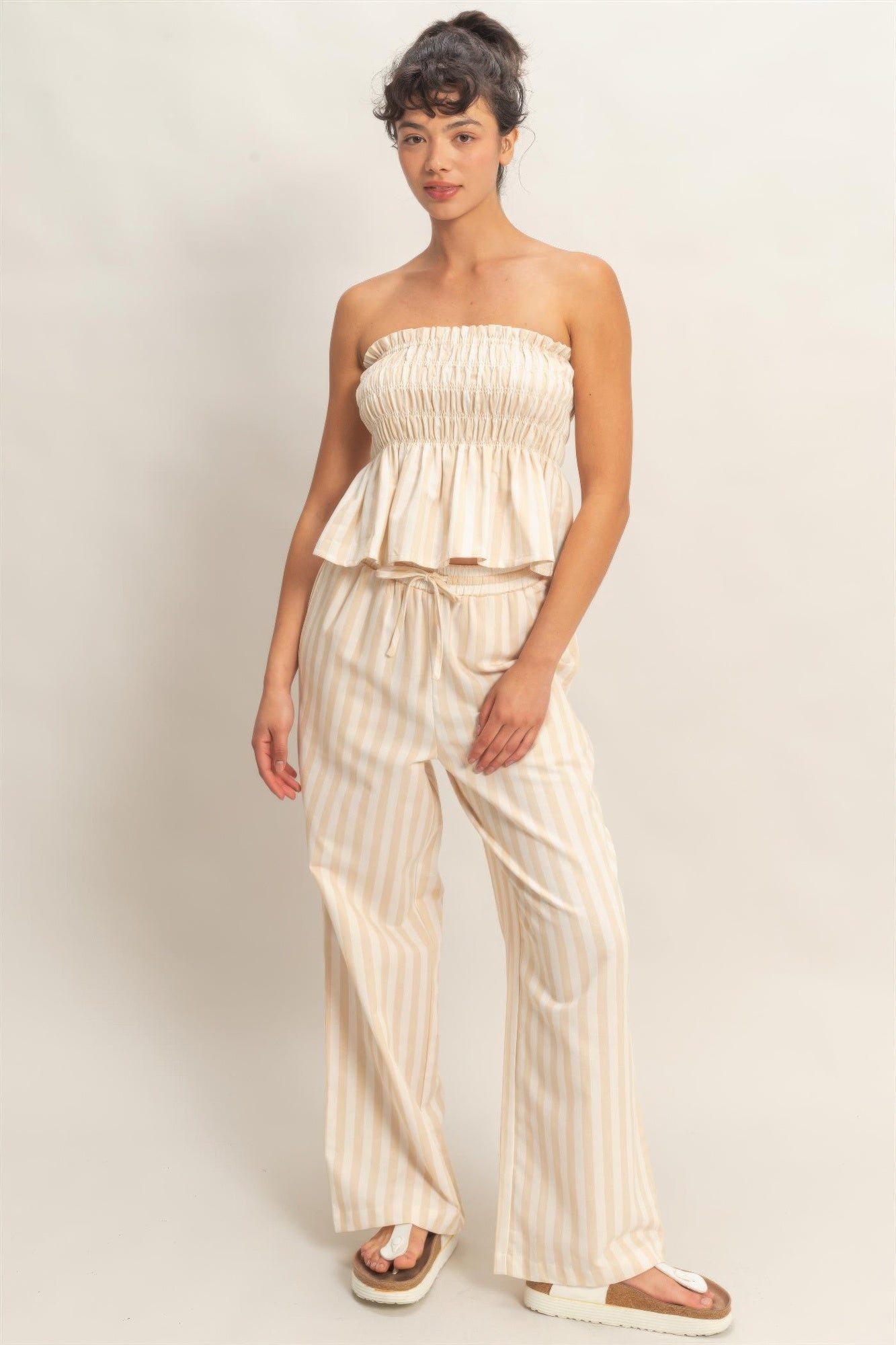 Vertical Striped Elastic Pants With Side Pockets