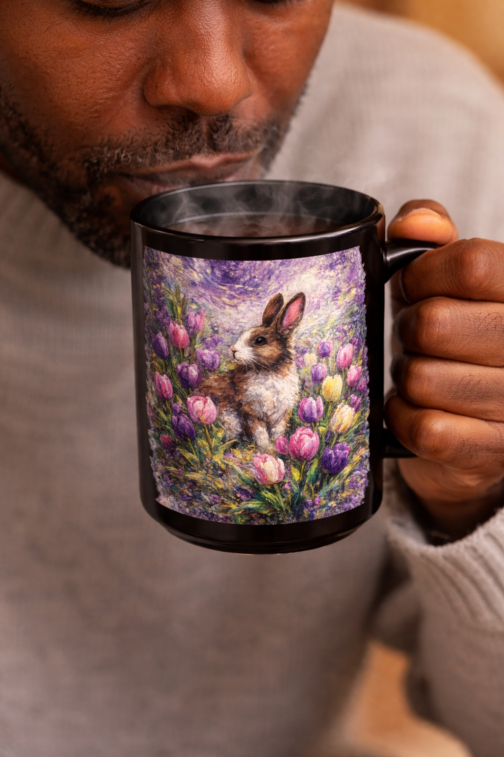 Floral Bunny Illustration Mug | Black Ceramic 15oz