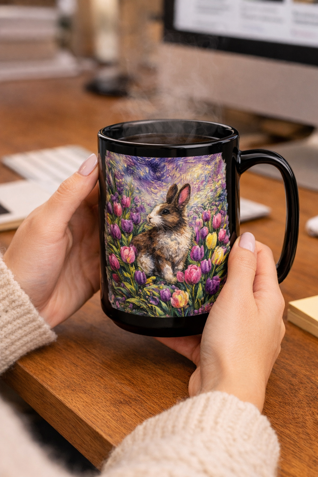Floral Bunny Illustration Mug | Black Ceramic 15oz