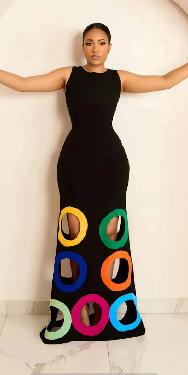 Summer O Neck Sleeveless Patchwork High Waist A Line Party Dresses For Women Black Colorful Hollow Out Maxi Dress