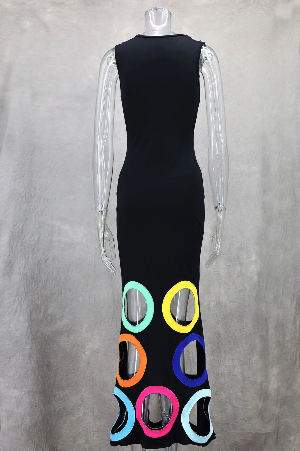 Summer O Neck Sleeveless Patchwork High Waist A Line Party Dresses For Women Black Colorful Hollow Out Maxi Dress