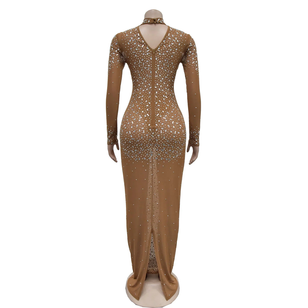 Glam See-Through Mesh Crystal Night Out Dress Birthday Outfits Vestido Women's Silver Rhinestones Long Maxi Dress
