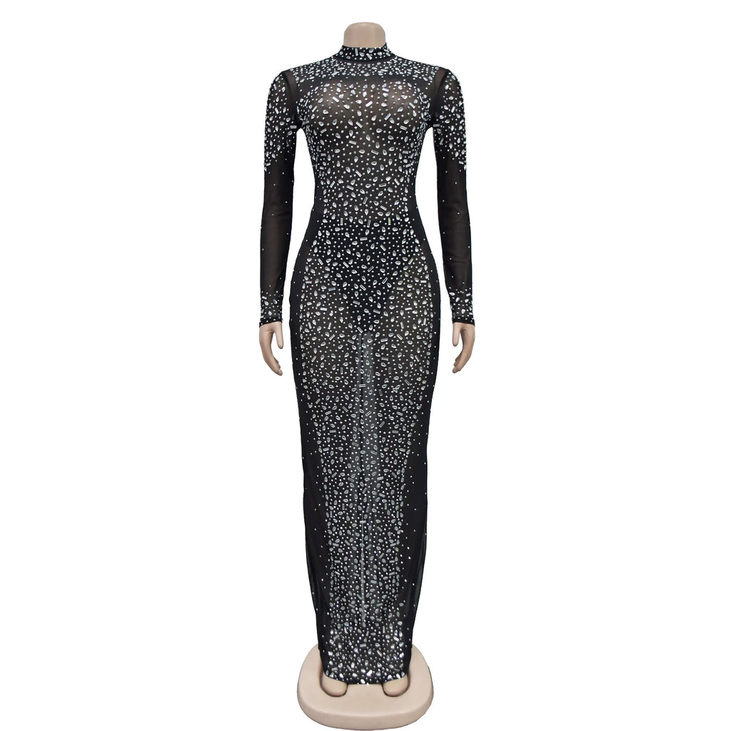 Glam See-Through Mesh Crystal Night Out Dress Birthday Outfits Vestido Women's Silver Rhinestones Long Maxi Dress