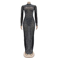 Glam See-Through Mesh Crystal Night Out Dress Birthday Outfits Vestido Women's Silver Rhinestones Long Maxi Dress