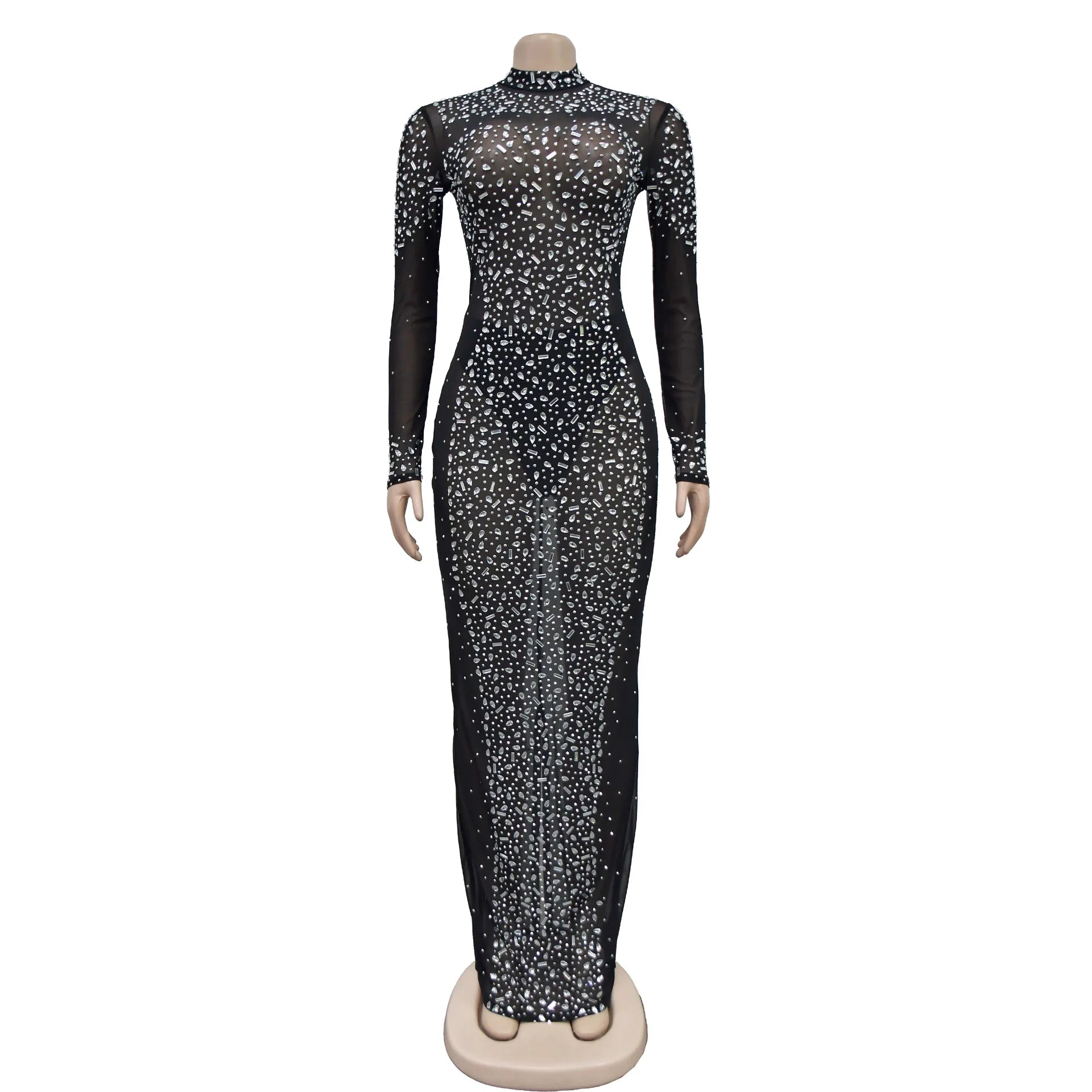 Glam See-Through Mesh Crystal Night Out Dress Birthday Outfits Vestido Women's Silver Rhinestones Long Maxi Dress