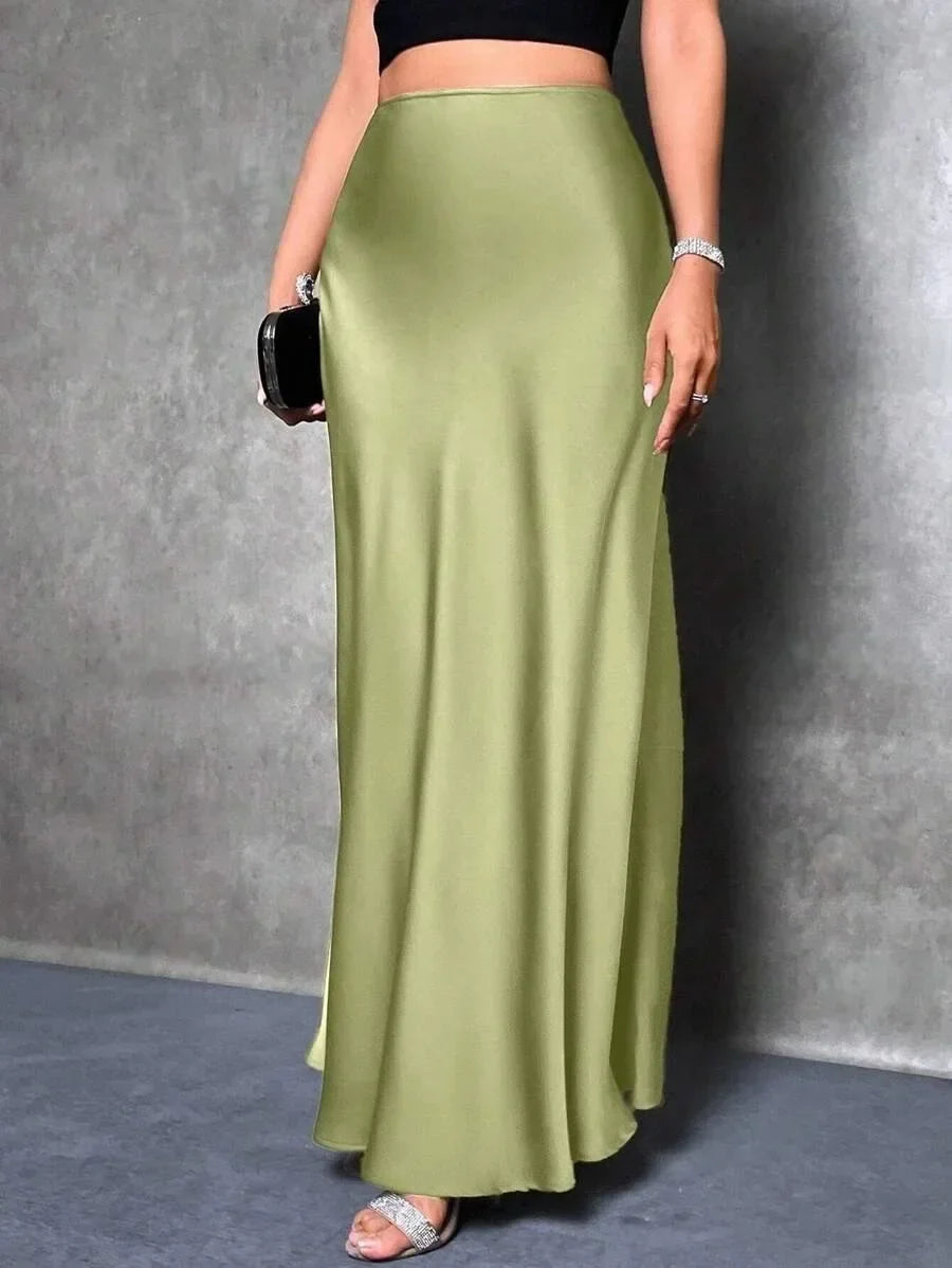 Satin Skirt Autumn Winter Simple A line Long Skirt Women Clothing