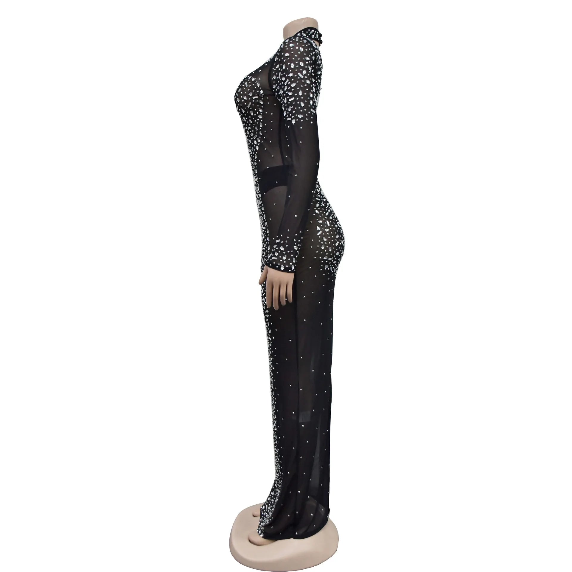 Glam See-Through Mesh Crystal Night Out Dress Birthday Outfits Vestido Women's Silver Rhinestones Long Maxi Dress